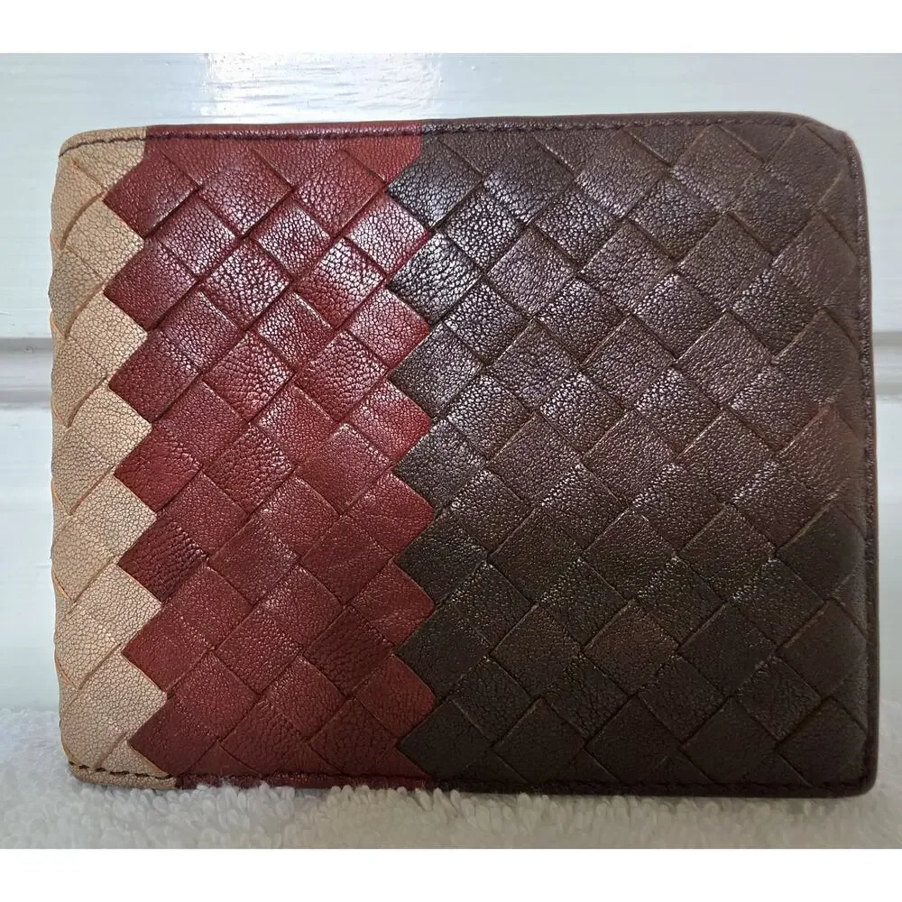 Bottega Veneta Men's Brown Red Beige Intrecciato Woven Bifold Wallet w/COA
